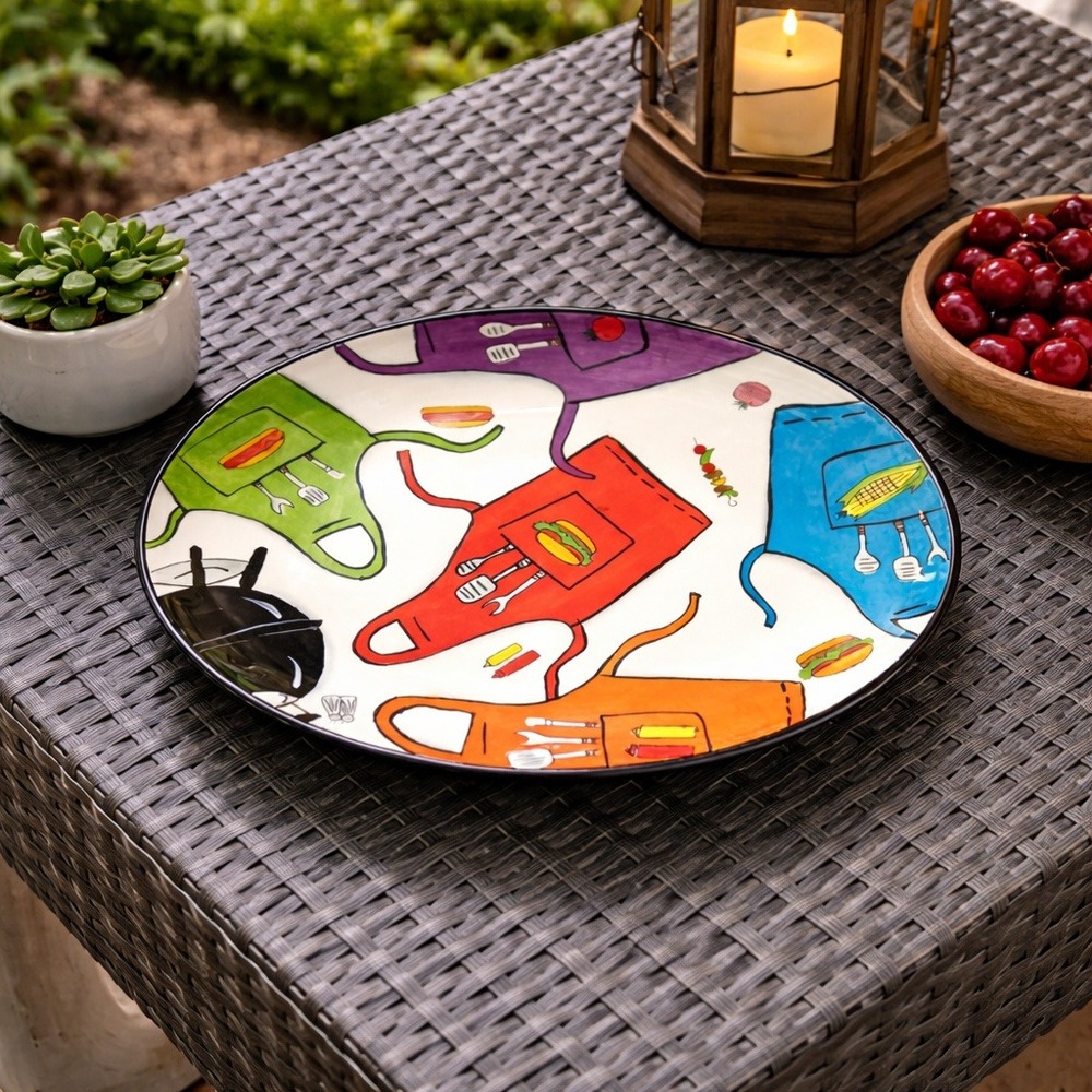 Clay‎ Art Grill Time Hand Painted Ceramic Oval Serving Platter BBQ Aprons Multi